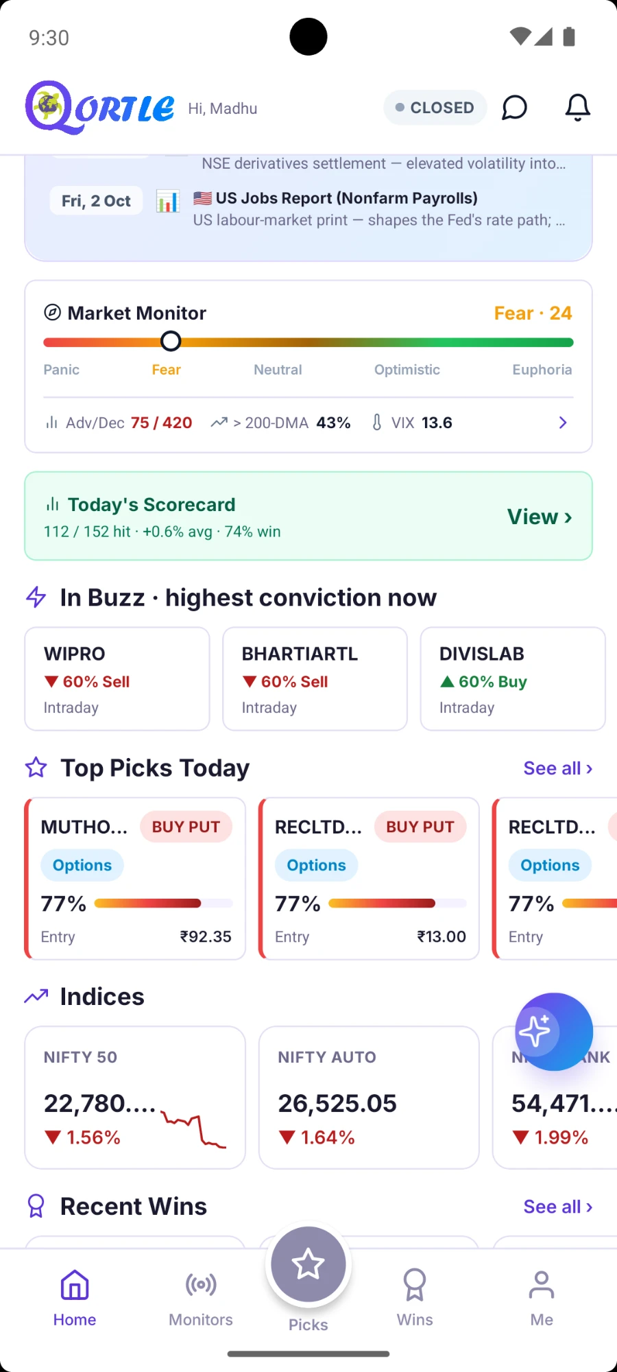 Qortle app — Market Monitor & Top Picks